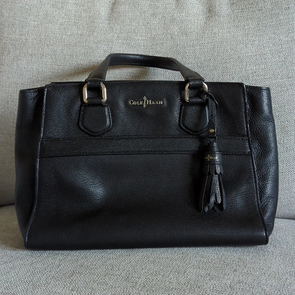 Cole Haan Handbags - Black Leather Cole Haan Tote Purse With Regal Purple Lining